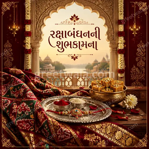 Ornate traditional Raksha Bandhan card in warm festive tones displaying રક્ષાબંધનની શુભકામના with elegant decorative motifs.
