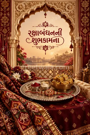 Ornate traditional Raksha Bandhan card displaying 'રક્ષાબંધનની શુભકામના' in festive gold and red, radiating warmth, love and blessings.