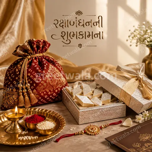 Premium showcase Raksha Bandhan card in rich festive style displaying 'રક્ષાબંધનની શુભકામના' with elegant rakhi motifs.
