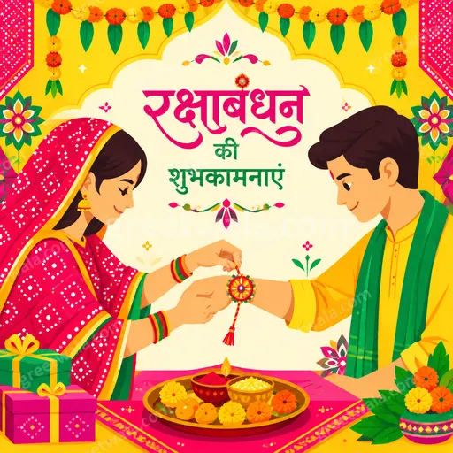 Modern flat vector Raksha Bandhan card in warm festive tones showing रक्षाबंधन की शुभकामनाएं with elegant rakhi motifs.