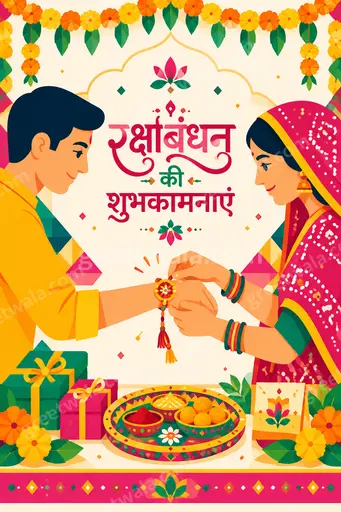 Modern flat vector Raksha Bandhan card displaying रक्षाबंधन की शुभकामनाएं with warm festive sibling celebration mood.