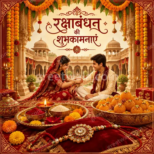 Ornate traditional Raksha Bandhan card displaying 'रक्षाबंधन की शुभकामनाएं' with festive, warm, elegant celebratory charm.