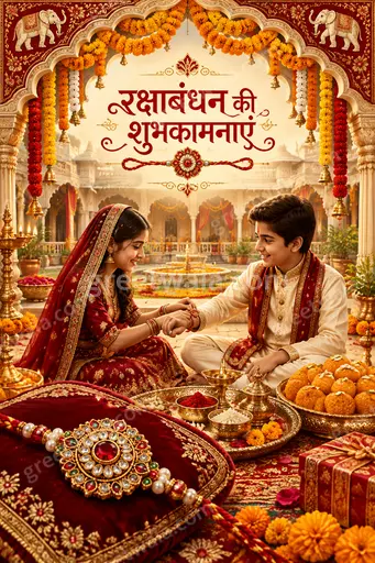 Ornate traditional Raksha Bandhan card in warm festive colors displaying रक्षाबंधन की शुभकामनाएं with elegant decorative motifs and joyful spirit.