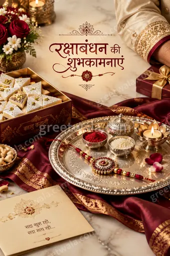 Premium Raksha Bandhan card in Hindi displaying 'रक्षाबंधन की शुभकामनाएं' with elegant festive gold and warm traditional charm.