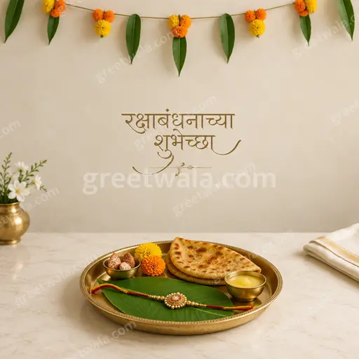 Elegant minimal Raksha Bandhan card with soft golden tones, delicate rakhi motif, and Marathi greeting रक्षाबंधनाच्या शुभेच्छा in graceful script.