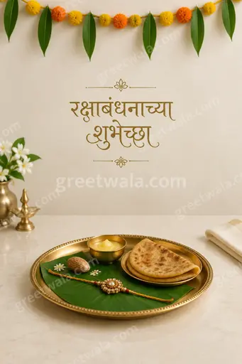 Elegant minimal Raksha Bandhan card displaying 'रक्षाबंधनाच्या शुभेच्छा' with soft gold tones and serene festive warmth.