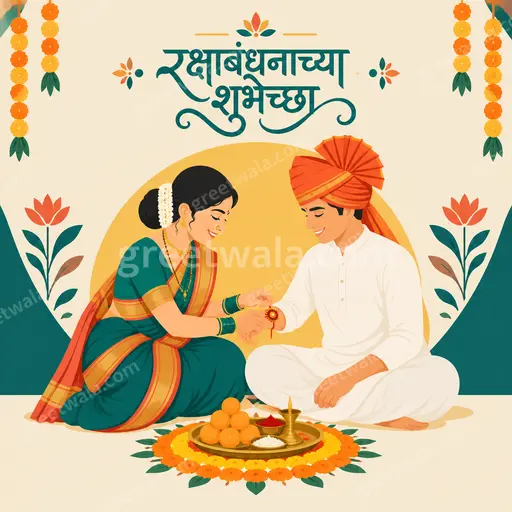 Cheerful flat vector Raksha Bandhan card in warm festive tones showing sister tying rakhi with रक्षाबंधनाच्या शुभेच्छा greeting.