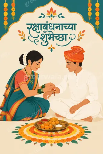 Modern flat vector Raksha Bandhan card in warm festive tones showing Marathi रक्षाबंधनाच्या शुभेच्छा with elegant rakhi motifs.
