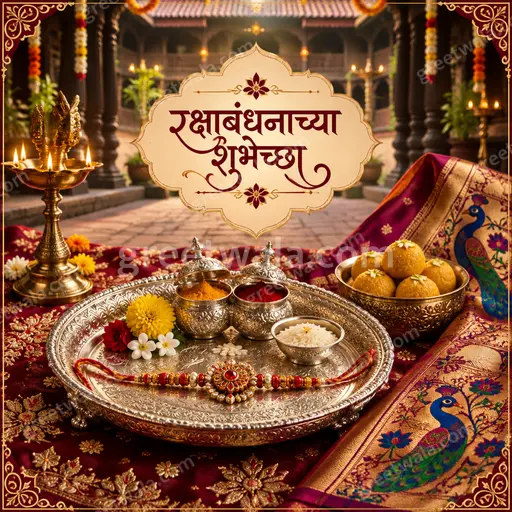 Ornate traditional Raksha Bandhan card with elegant festive motifs, warm colors, and Marathi greeting रक्षाबंधनाच्या शुभेच्छा radiating love.