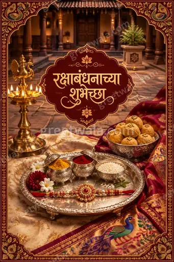 Ornate traditional Raksha Bandhan card with festive warm tones, elegant motifs, displaying Marathi greeting रक्षाबंधनाच्या शुभेच्छा beautifully.