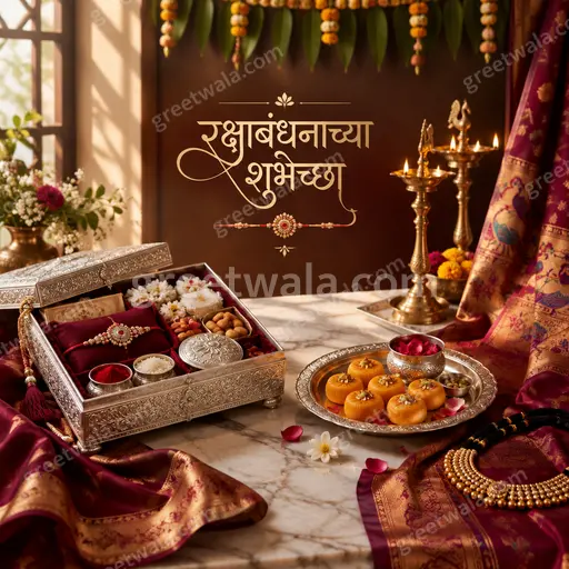 Elegant premium Raksha Bandhan card glowing warmly with ornate rakhi motifs displaying 'रक्षाबंधनाच्या शुभेच्छा' lovingly.