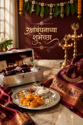 Premium Marathi Raksha Bandhan card featuring रक्षाबंधनाच्या शुभेच्छा with elegant rakhi, diyas and festive golden warmth.