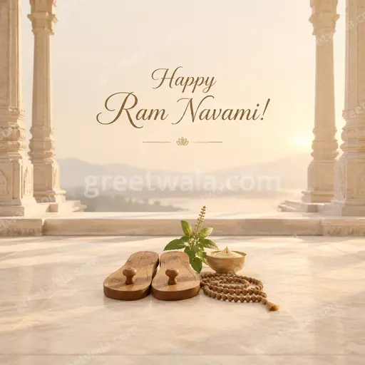 Elegant minimal card with serene saffron-gold tones, delicate diya motifs, and Happy Ram Navami! in refined lettering.