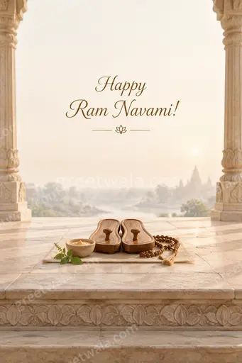 Elegant minimal cream card with golden diya glow and bow motif wishing Happy Ram Navami in serene festive style.