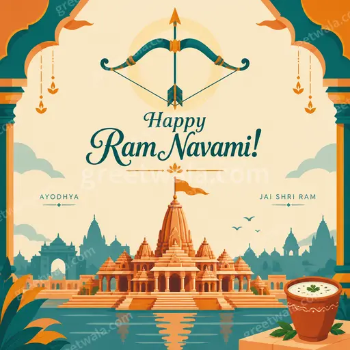 Joyful flat vector card with Lord Rama silhouette, bow, warm saffron tones, festive diyas, and Happy Ram Navami greeting.
