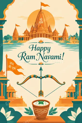 Modern flat vector card with joyful divine glow, bow and arrow motifs, warm saffron tones wishing Happy Ram Navami!
