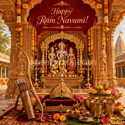 Ornate traditional card radiating devotional warmth with golden motifs, divine glow, and Happy Ram Navami greeting.