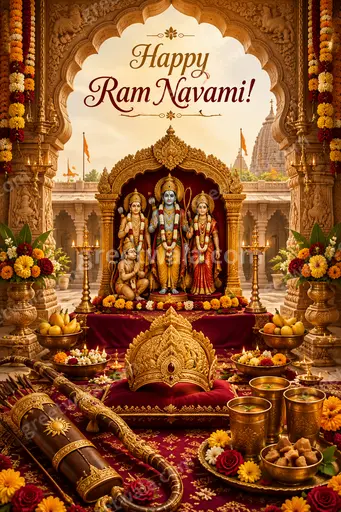 Ornate traditional design featuring Lord Ram with bow, golden temple glow, marigolds, conveying divine reverence wishing Happy Ram Navami!