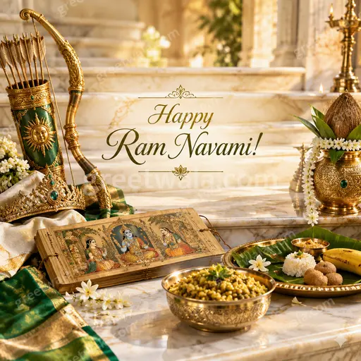 Majestic divine Ram Navami card displaying 'Happy Ram Navami!' with radiant gold, sacred serenity and regal festive elegance.