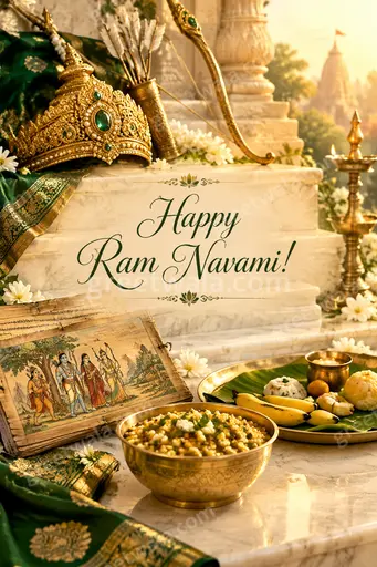 Premium card displaying Happy Ram Navami! in gold with divine sunrise, bow motifs, and serene festive grandeur.
