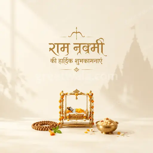 Elegant minimal Ram Navami card displaying राम नवमी की हार्दिक शुभकामनाएं with serene saffron tones and delicate traditional motifs.