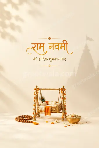Elegant minimal Hindi Ram Navami card showing राम नवमी की हार्दिक शुभकामनाएं with serene golden tones and graceful motifs.