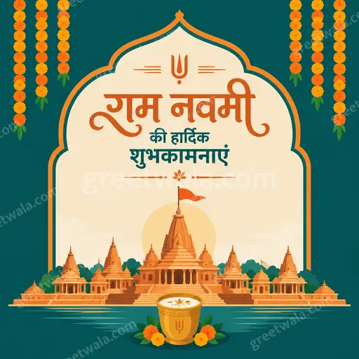 Modern flat vector Ram Navami card in warm festive tones displaying राम नवमी की हार्दिक शुभकामनाएं with elegant divine motifs.