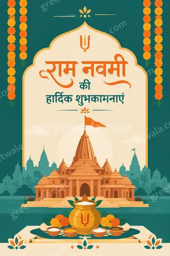 Modern flat vector Ram Navami card in warm festive tones with Hindi greeting, elegant motifs and joyful devotional mood.
