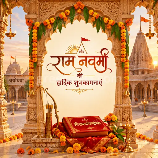 Ornate traditional Ram Navami card displaying 'राम नवमी की हार्दिक शुभकामनाएं' with divine golden festive reverent elegance.