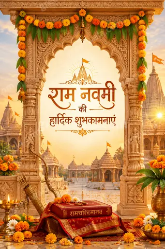 Ornate traditional Hindi Ram Navami card displaying festive greeting with divine golden glow and devotional elegance.