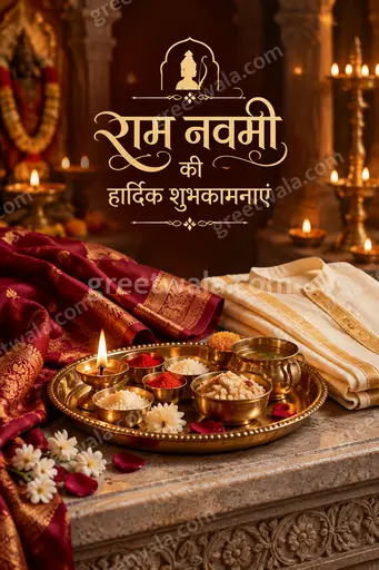 Premium Hindi Ram Navami card displaying 'राम नवमी की हार्दिक शुभकामनाएं' with divine golden temple glow and serene devotional elegance.