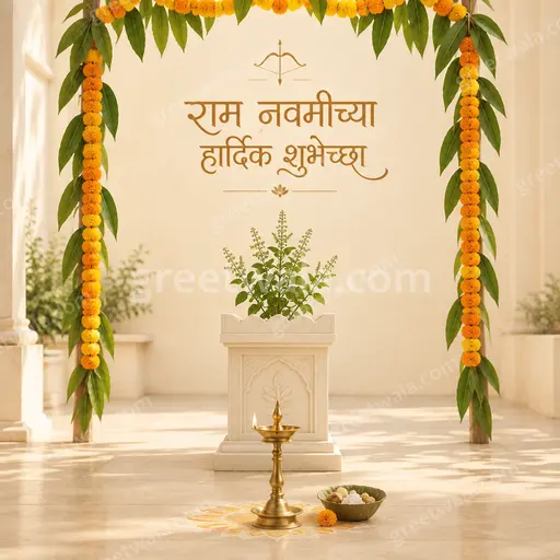 Elegant minimal Ram Navami card in soft saffron tones with diya glow and Marathi text 'राम नवमीच्या हार्दिक शुभेच्छा'.
