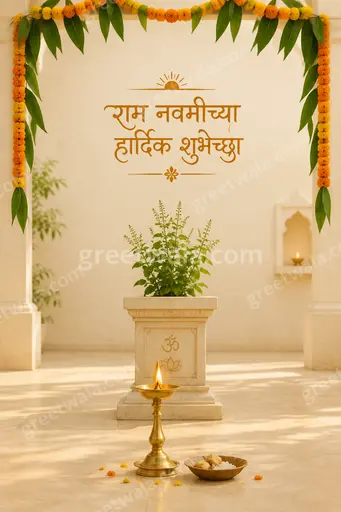 Elegant minimal Ram Navami card displaying Marathi wishes in serene saffron tones with glowing diya and delicate florals.