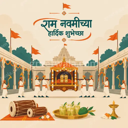 Cheerful modern flat vector Ram Navami card displaying राम नवमीच्या हार्दिक शुभेच्छा with serene devotional Rama motifs.