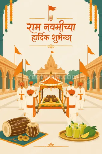 Cheerful modern flat vector Ram Navami card displaying राम नवमीच्या हार्दिक शुभेच्छा with serene festive traditional accents.
