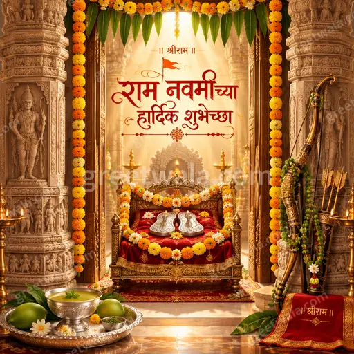 Ornate traditional card with radiant divine aura, temple arches, marigolds, featuring Marathi greeting राम नवमीच्या हार्दिक शुभेच्छा joyfully.