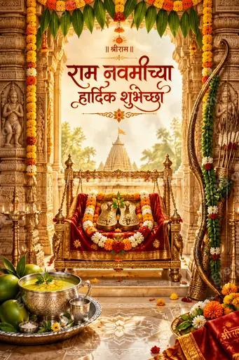 Ornate traditional Ram Navami card in warm golds and reds, radiating devotional joy with Marathi greeting elegantly displayed.