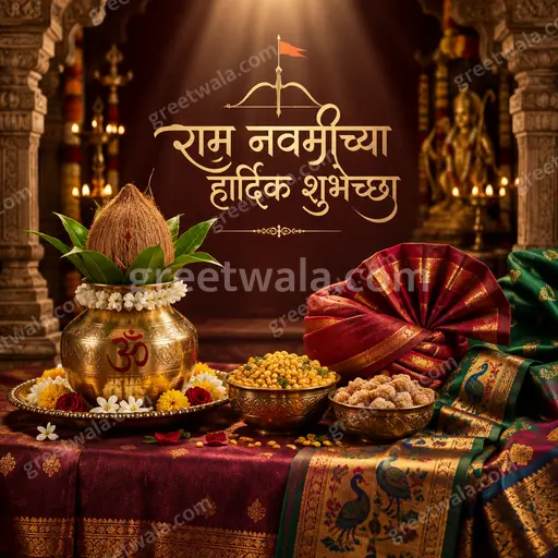 Premium Marathi Ram Navami showcase card displaying 'राम नवमीच्या हार्दिक शुभेच्छा' with divine golden serene elegance.