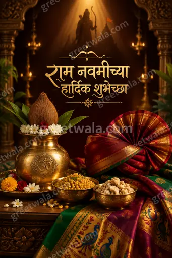Premium Ram Navami showcase card in Marathi displaying राम नवमीच्या हार्दिक शुभेच्छा with divine golden royal festive elegance.