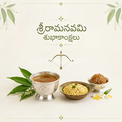 Elegant minimal Telugu Ram Navami card displaying శ్రీరామనవమి శుభాకాంక్షలు with serene golden temple glow and graceful floral accents.