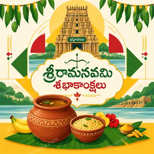 Modern flat vector Ram Navami card with serene festive glow, sacred motifs, displaying శ్రీరామనవమి శుభాకాంక్షలు elegantly.