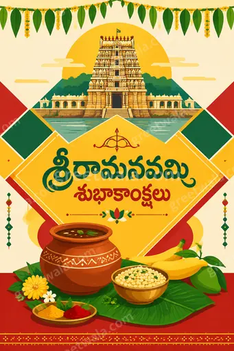 Modern flat vector Ram Navami card in warm festive tones displaying 'శ్రీరామనవమి శుభాకాంక్షలు' with elegant divine motifs.
