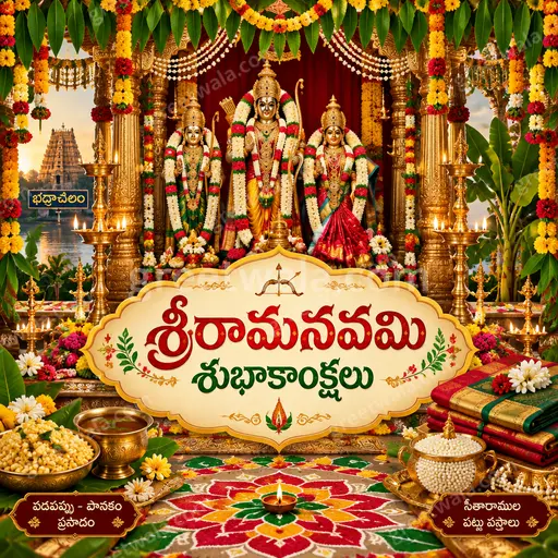 Ornate traditional Ram Navami card glowing with divine warmth, featuring Telugu greeting శ్రీరామనవమి శుభాకాంక్షలు in elegant festive splendor.