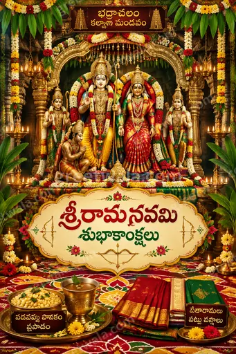 Ornate traditional Telugu Ram Navami card glowing with divine gold, floral motifs, serene devotion, and శ్రీరామనవమి శుభాకాంక్షలు lettering.