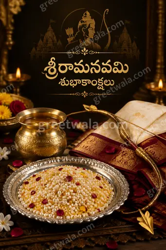 Premium devotional card glowing with golden temple light, divine Rama portrait radiating peace beneath elegant Telugu festive greeting.