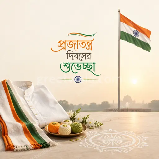 Elegant minimal Republic Day card displaying প্রজাতন্ত্র দিবসের শুভেচ্ছা with soft tricolor accents and serene patriotic grace.
