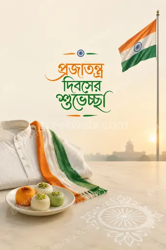Elegant minimal Republic Day card in soft tricolor tones featuring Bengali greeting প্রজাতন্ত্র দিবসের শুভেচ্ছা with graceful patriotic charm.
