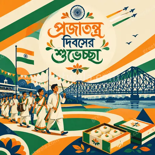 Modern flat vector Republic Day card in tricolor hues, radiating proud patriotic joy with Bengali greeting প্রজাতন্ত্র দিবসের শুভেচ্ছা.