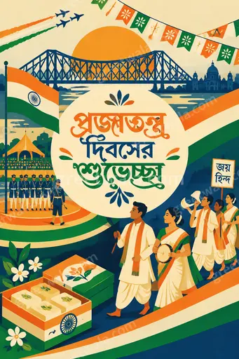 Modern flat vector card radiating patriotic pride with tricolor accents and elegant festive typography displaying প্রজাতন্ত্র দিবসের শুভেচ্ছা warmly.