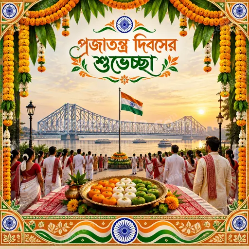 Ornate traditional Republic Day card in Bengali displaying 'প্রজাতন্ত্র দিবসের শুভেচ্ছা' with patriotic tricolor elegance and festive pride.